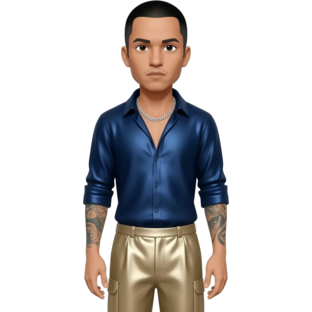 Chino Moreno with black hair, navy blue metallic shirt, beige metallic baggy pants, silver necklace emoji