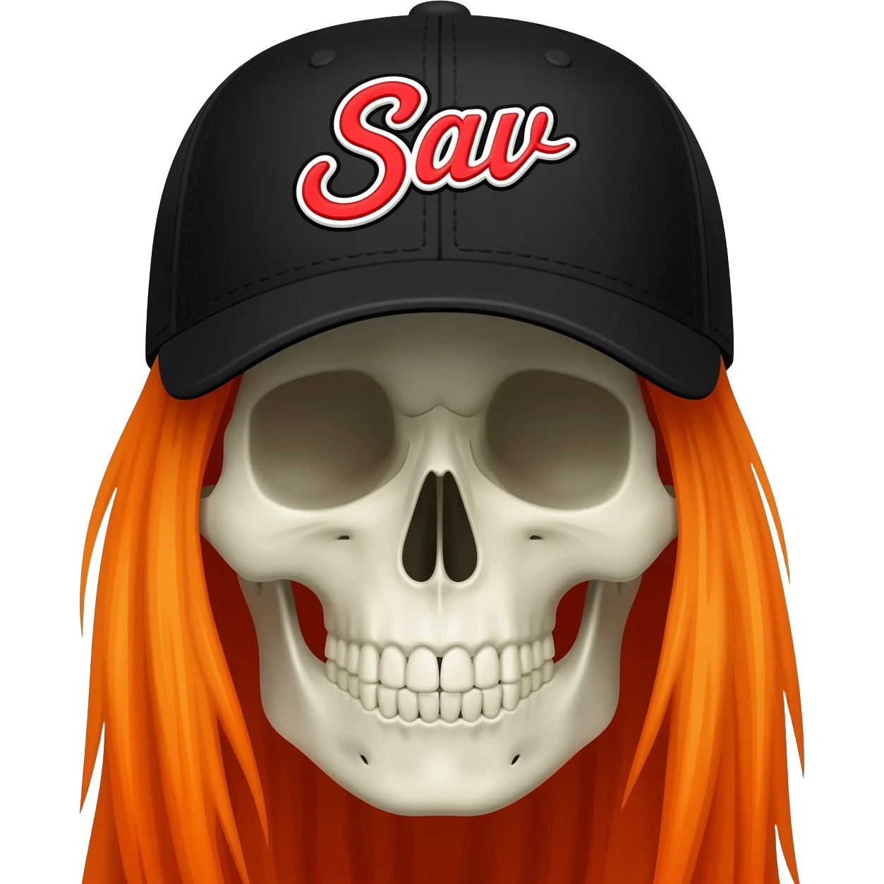 Create a skeleton head wearing a black baseball cap that says " Sav " in red, and white lettering, with long orange hair emoji