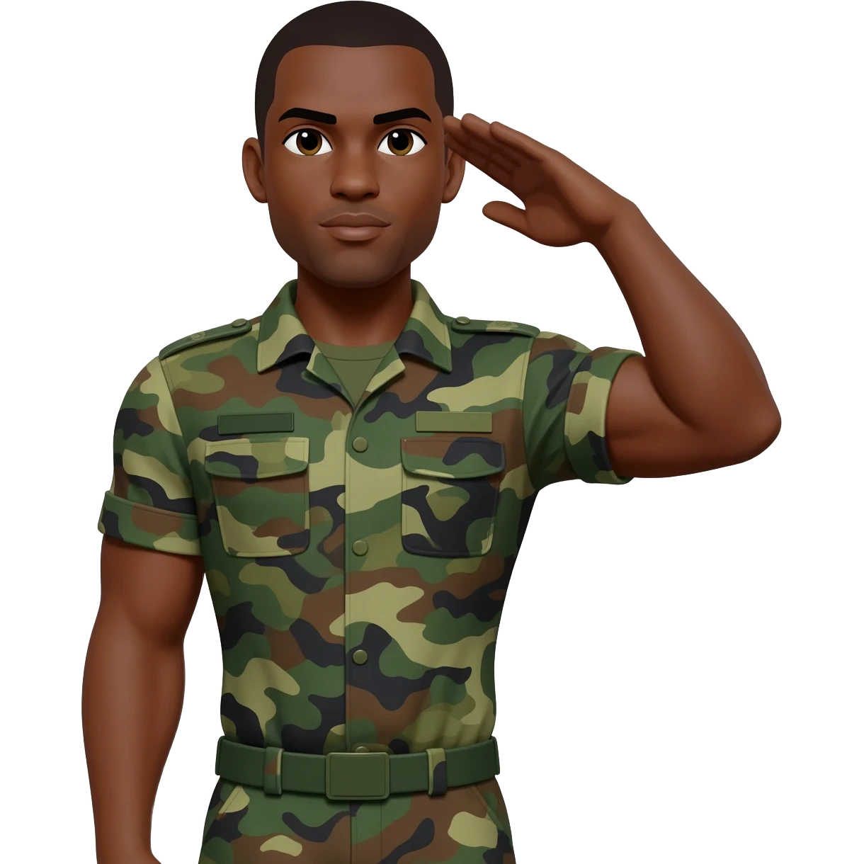 I need a black male military make soldier well built with muscle muscles soldier and camouflage green uniform saluting emoji