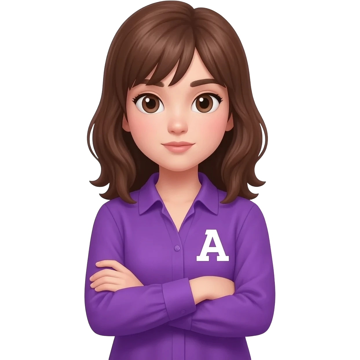 emoji de una chica haciendo tacha con los brazos una blusa morada con la letra A y pelo cafe que parezca personaje de roblox emoji