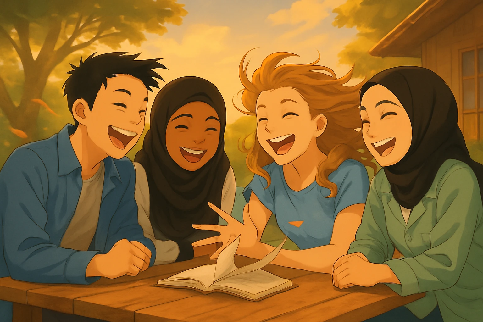 Final scene: Everyone is laughing, the wind blows strongly, hair and book pages are very animated, joyful atmosphere. Faces remain identical to the original image. emoji
