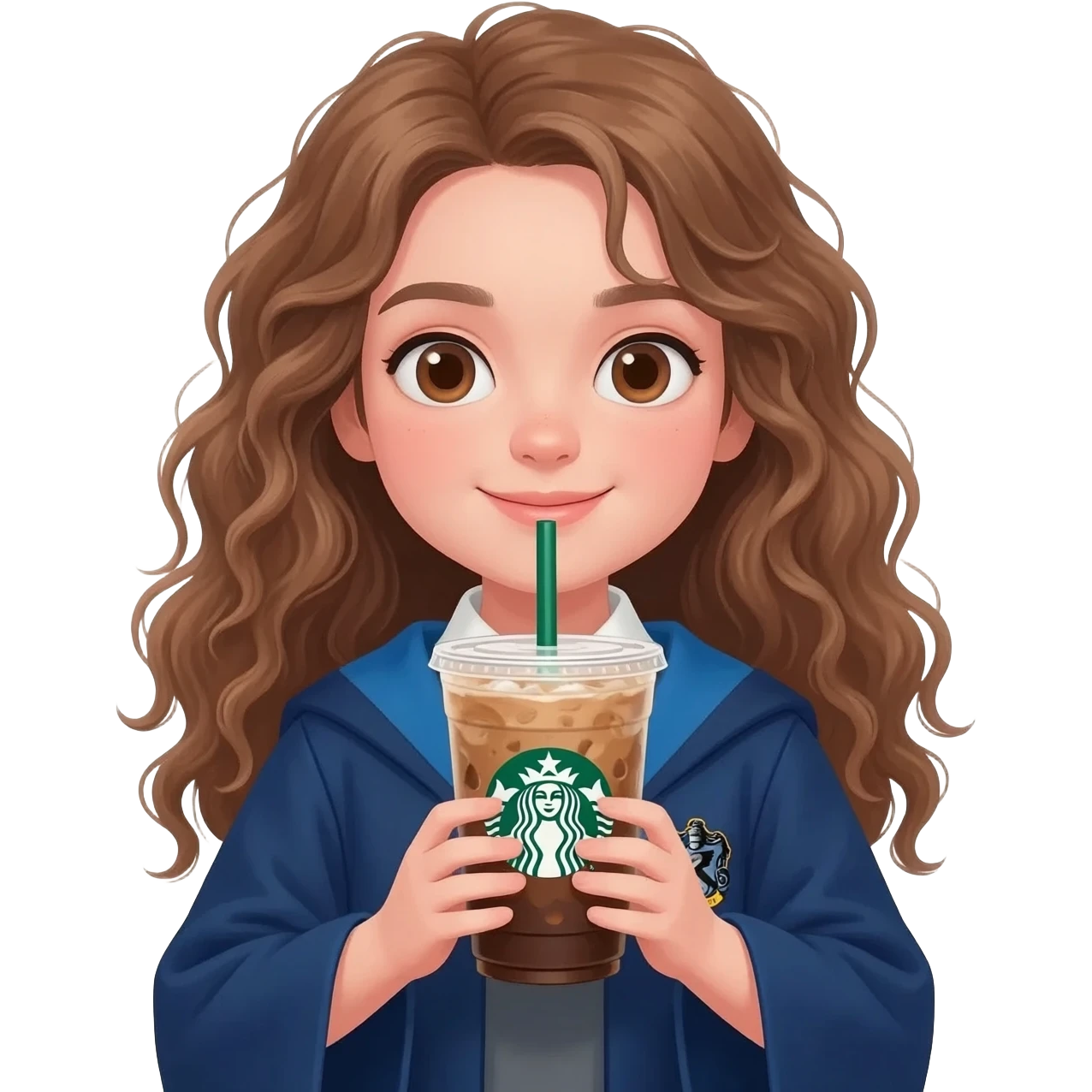 a girl with messy wavy hair in a blue Ravenclaw robe, she's holding an ice starbucks americano in her hands emoji