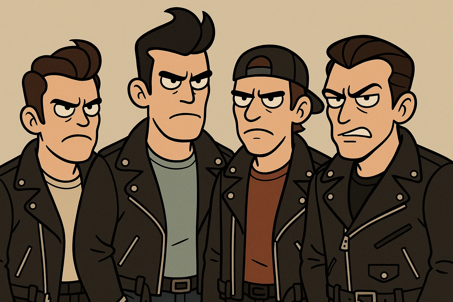 group of bad boys, leather jackets, defiant expression, neutral background emoji