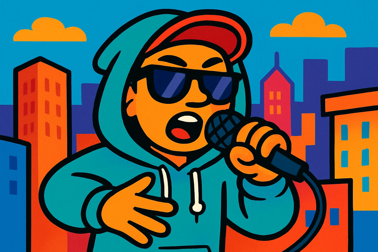 hip hop Chinese American character rapping into a microphone, wearing hoodie and sunglasses, cityscape elements, bold colorful style emoji