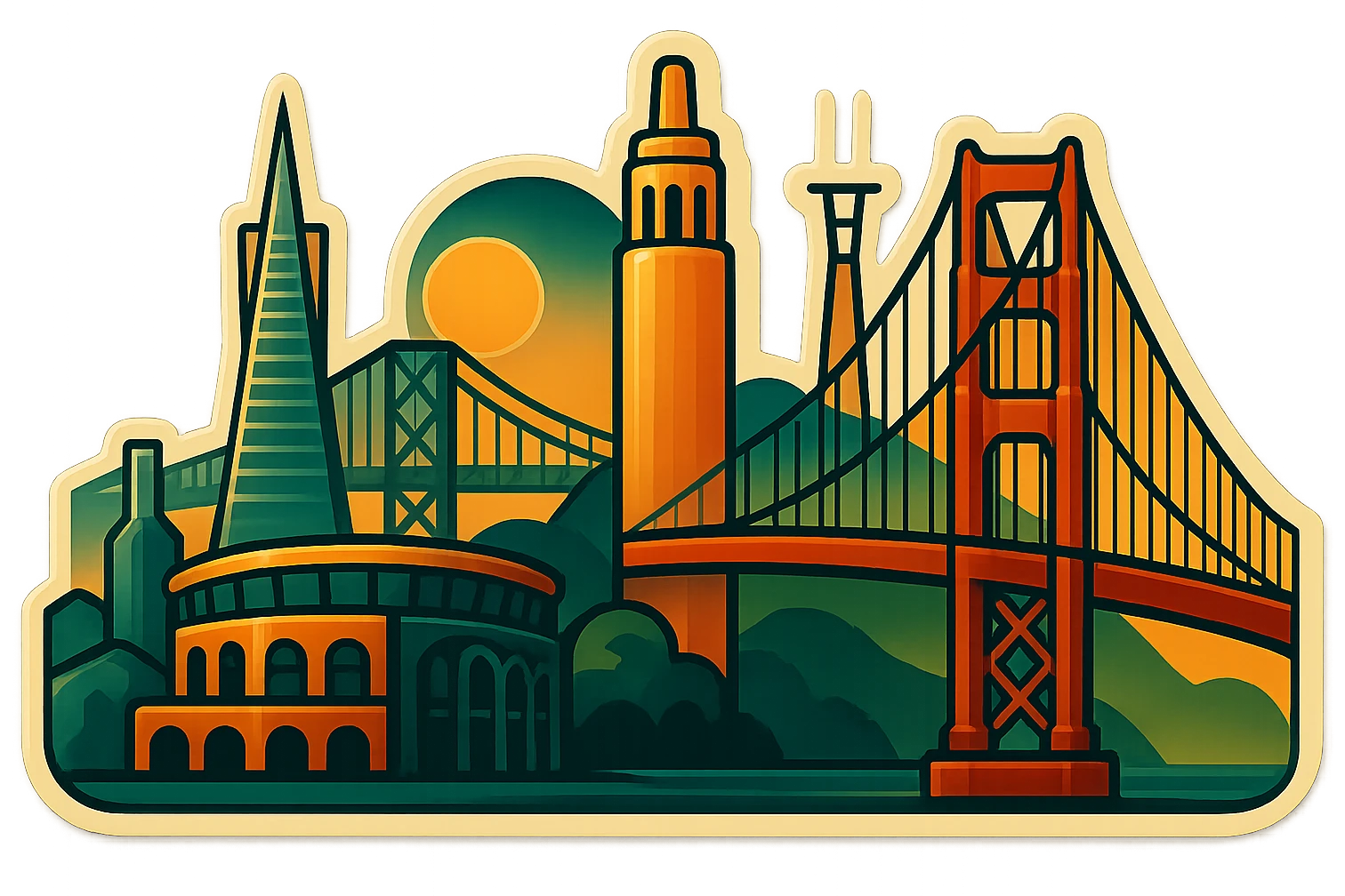 Add iconic San Francisco Bay Area buildings to the retro art deco logo: include the Transamerica Pyramid, Oracle Park stadium, Coit Tower, and Sutro Tower, blending them into the existing skyline in the same retro stickers style, no text, keep the 3.5:1 ratio and vintage color palette, with no background. emoji