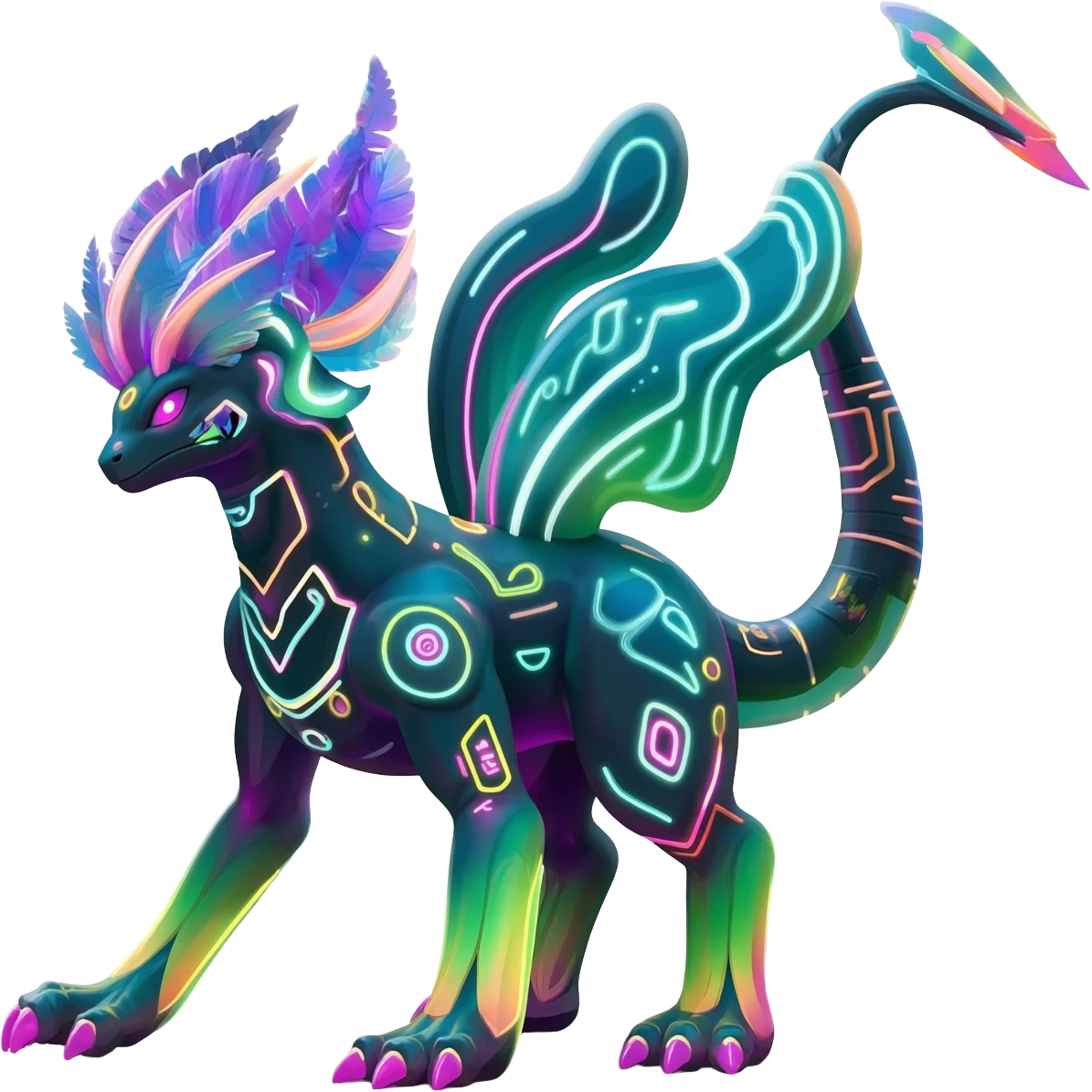 Tropical futuristic lush cool edgy neon Fionbri-Vernid-Elgyem-creature (full body) emoji