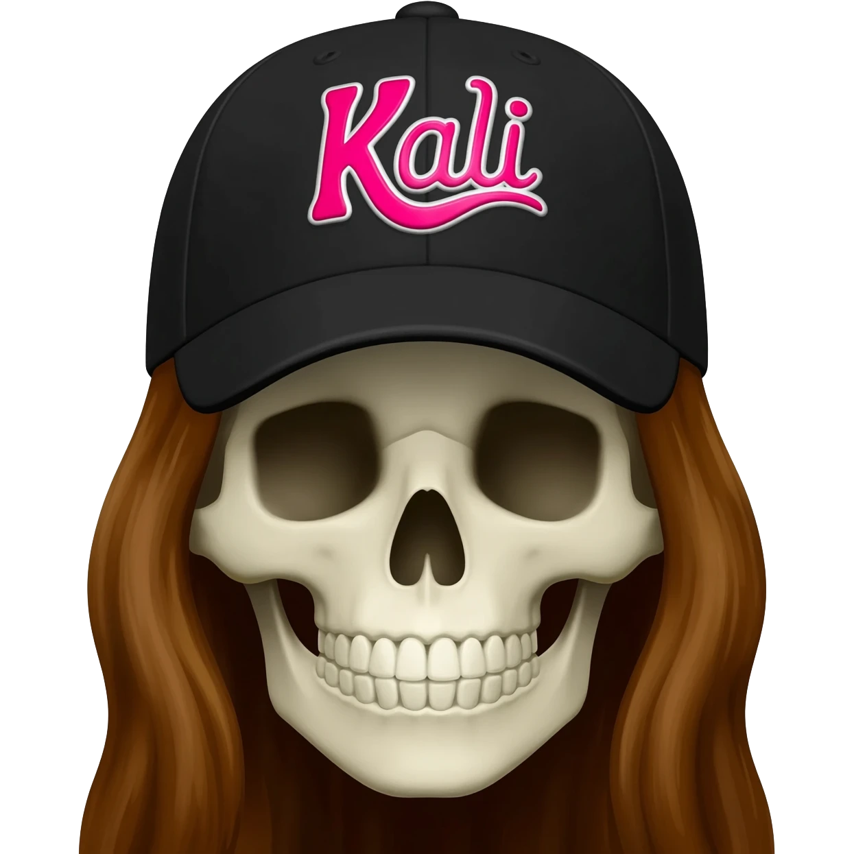 Create a skeleton head wearing a black baseball cap that says "Kali" in pink, and white lettering, with long brown hair emoji