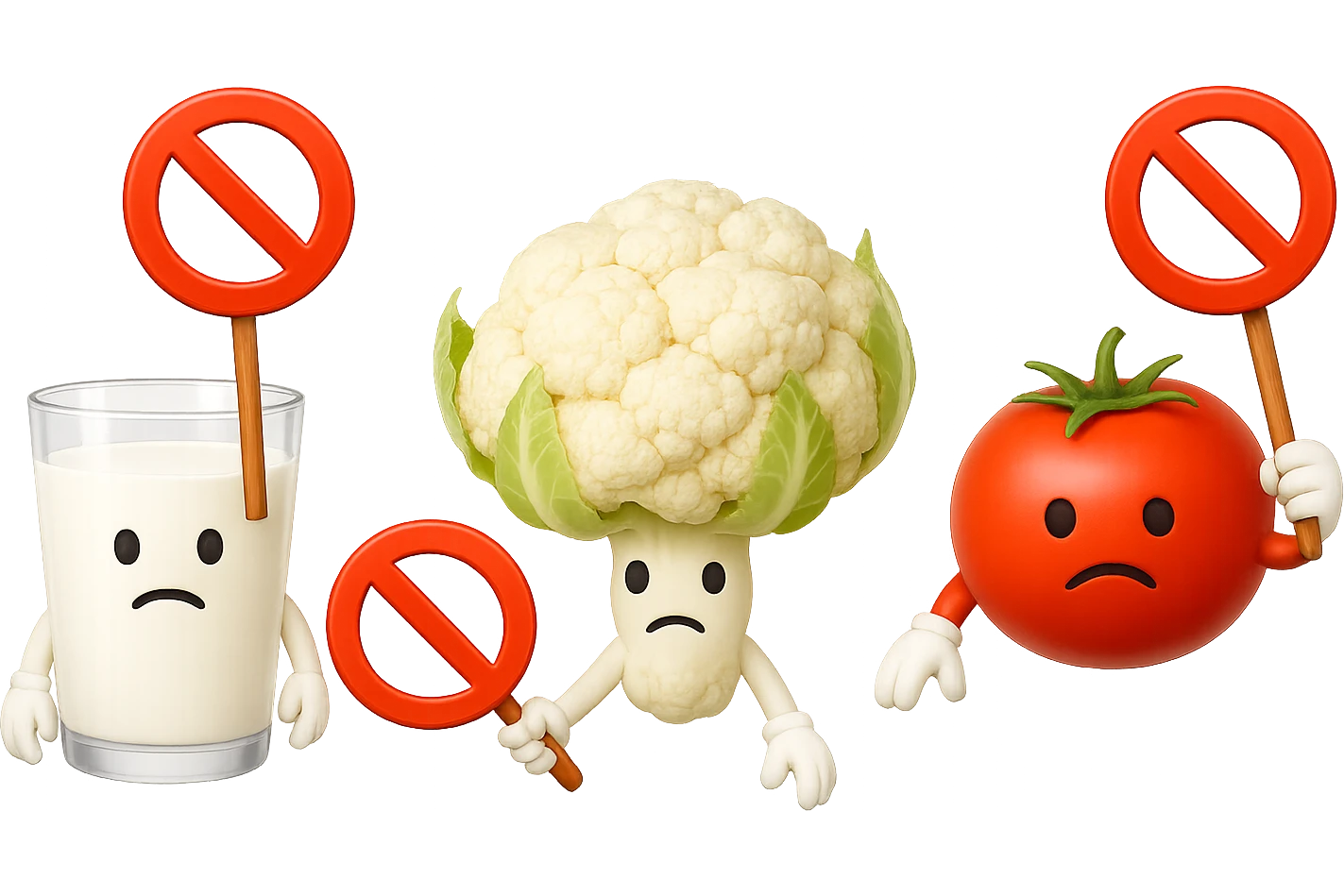 emoji stile iphone di un BICCHIERE DI LATTE CAVOLFIORE E POMODORO CHE FLUTTUANO IN ARIA CON DIVIETI IN MANO, iperrealistico 4k, isolato su sfondo bianco emoji