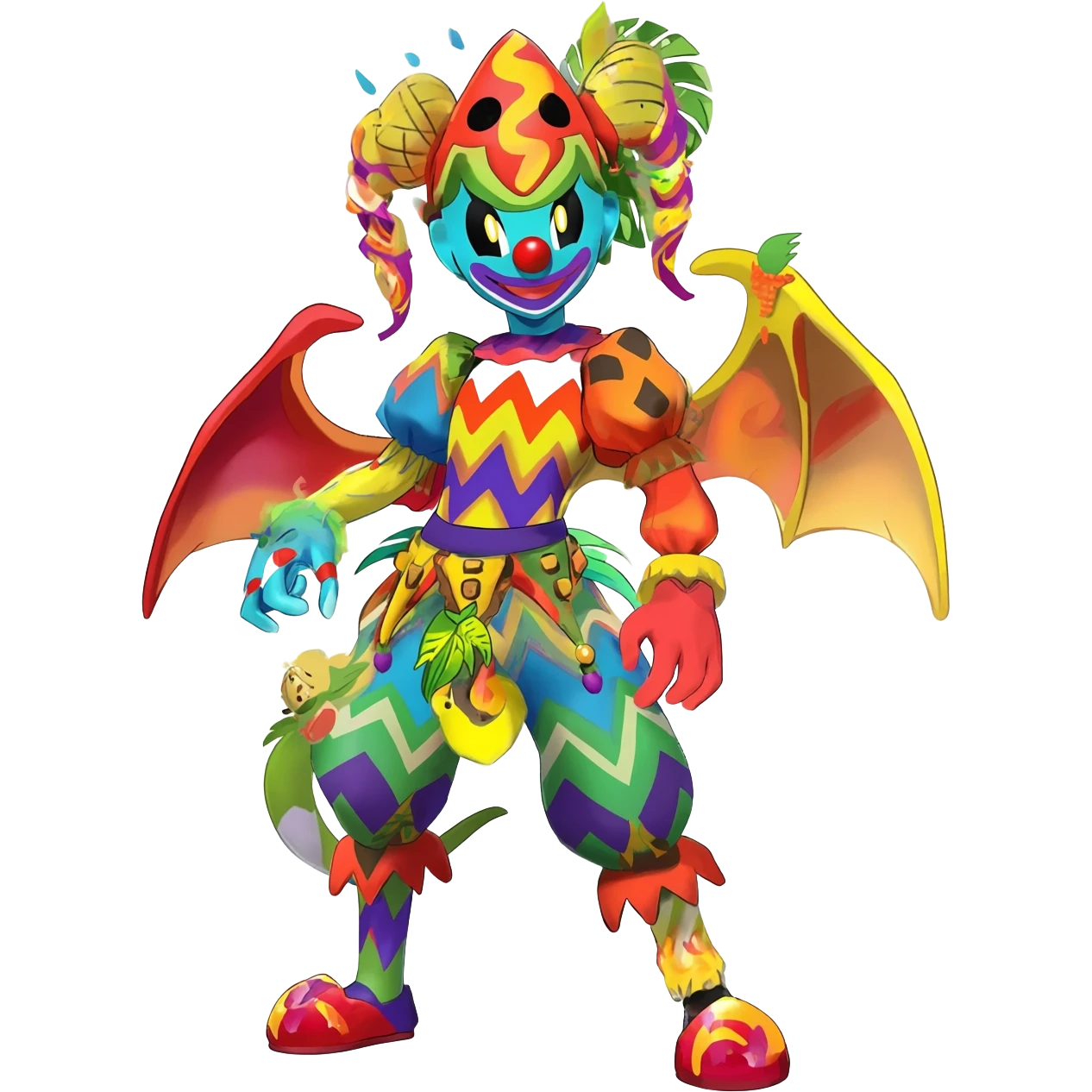 zig-zag-patterned clownish colorful exotic fruity tribal tropical hot swirl-marked Meloetta-Dialga-Salamence-Giratina-Noivern-Pokémon-Fakémon-fusion-hybrid-creature emoji