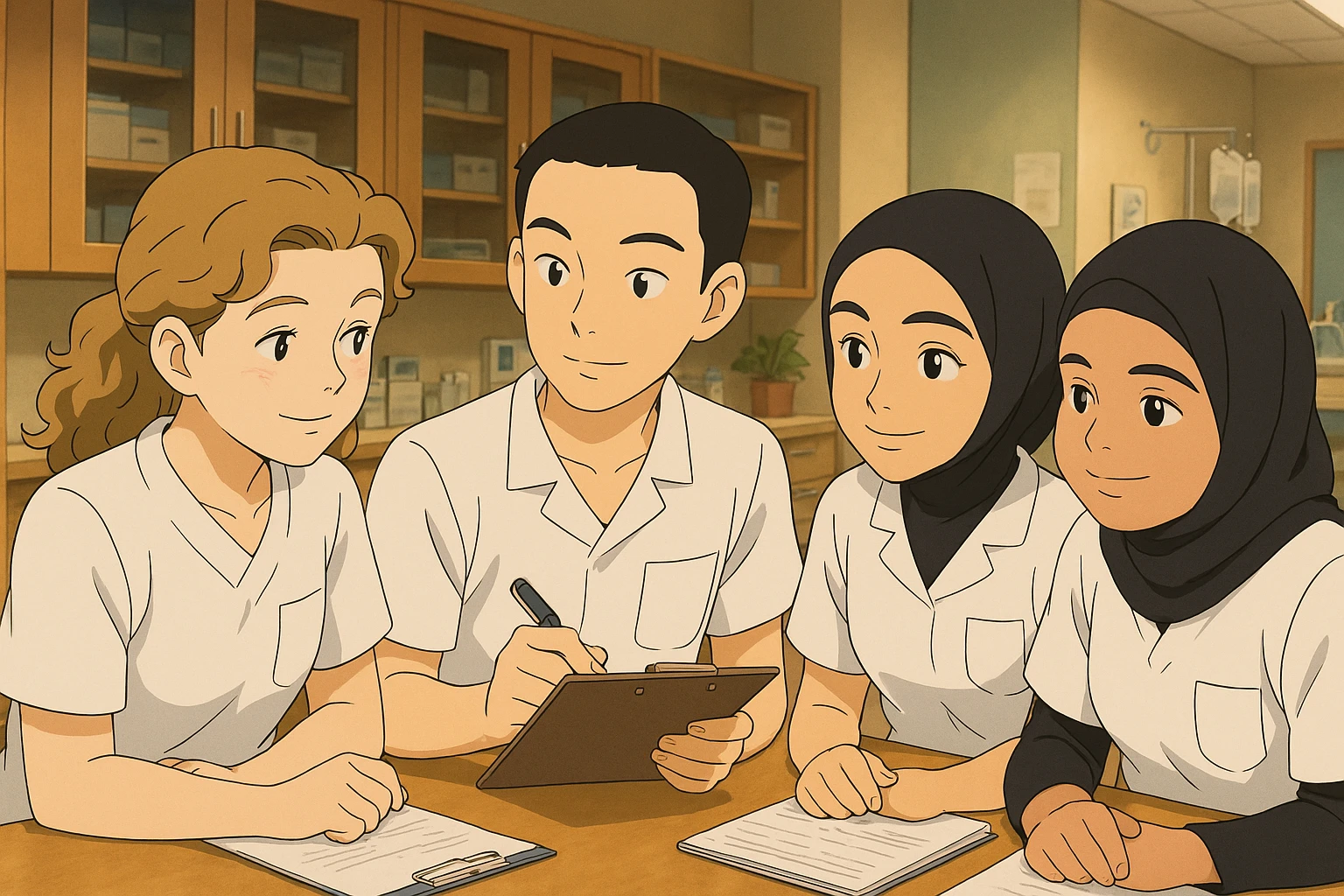 Quatre étudiants infirmiers en intérieur, style Ghibli, travaillant en collaboration et en interaction. Uniformes blancs à manches courtes, sans pied de col ni stéthoscopes, pas de tissus sous les manches. Hauts type tunique médicale, col en V, poche poitrine côté gauche. Les visages et caractéristiques des quatre personnes référencées, ambiance chaleureuse et professionnelle. emoji
