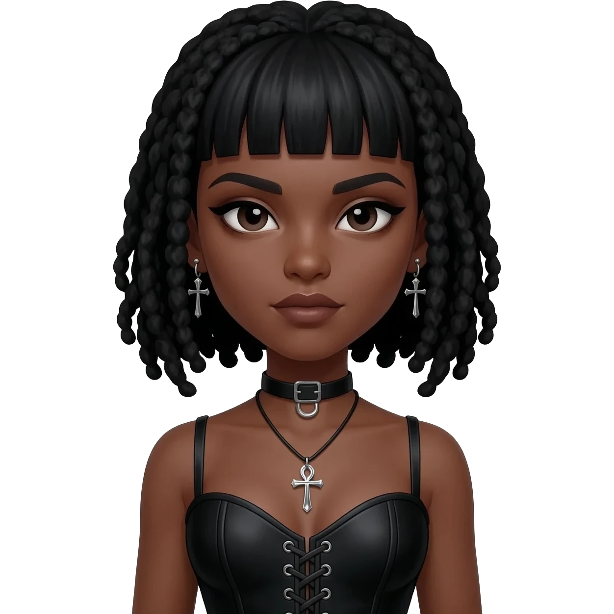 goth black girl with black corset, with brown skin, cross earrings, ankh necklace with center parted black micro locs with bangs, whole white face paint emoji