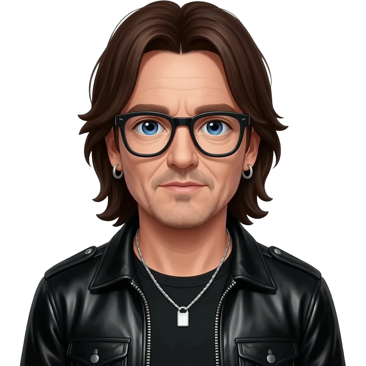Bono with blue eyes, long dark brown hair, black shirt, black vinyl jacket, black glasses, silver necklace and short earrings emoji
