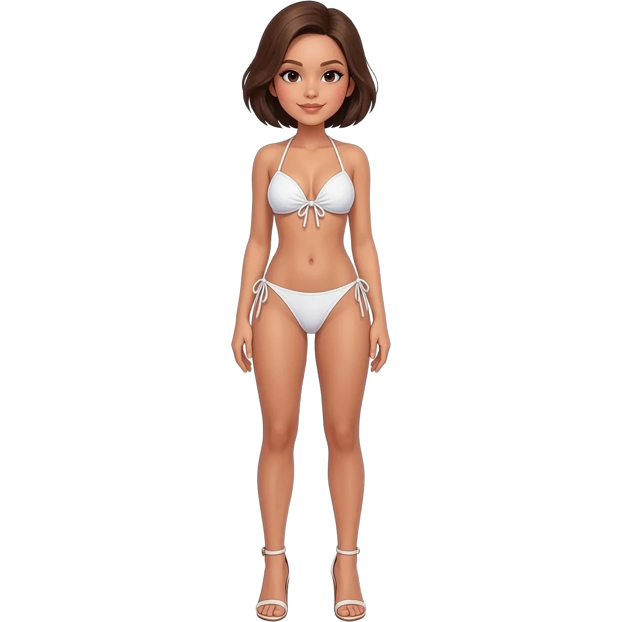 Filipino girl white push up bikini string full body slim stand straight with high heels sandals brown short hair emoji