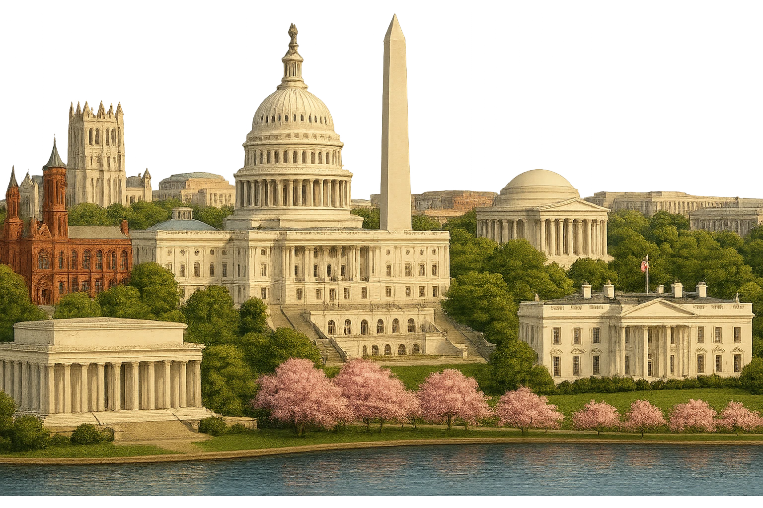 cinematic realistic emoji of Washington DC, wide city view with iconic landmarks: US Capitol, Washington Monument, Lincoln Memorial, Jefferson Memorial, White House, Smithsonian Castle, National Cathedral, Supreme Court, and the Tidal Basin with cherry blossoms. Lifelike detail, accurate colors, bright daytime lighting, no sky, no clouds, no city name label, transparent background emoji