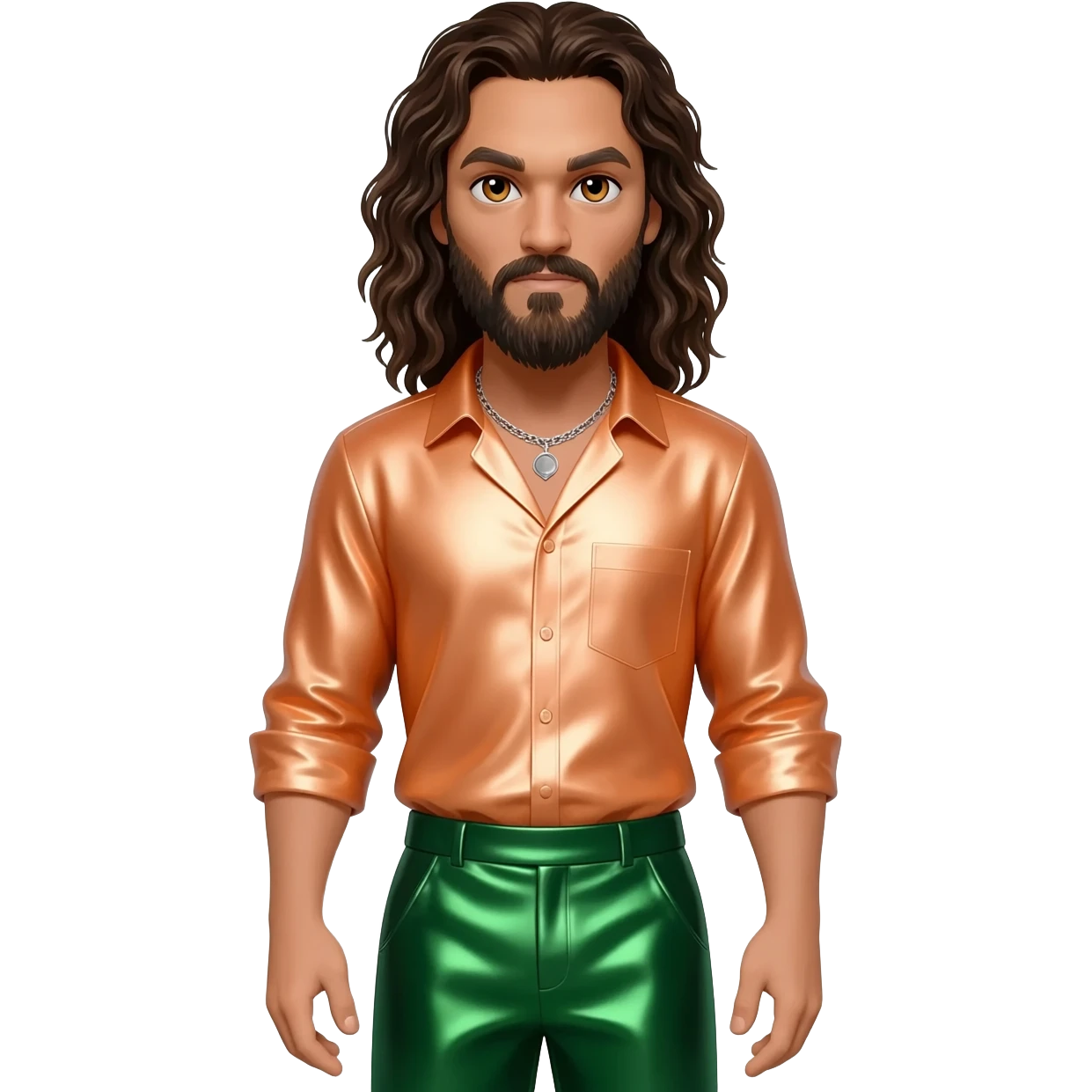 Jason Momoa with hazel eyes, dark brown long hair, light orange metallic shirt, green metallic baggy pants, silver necklace emoji