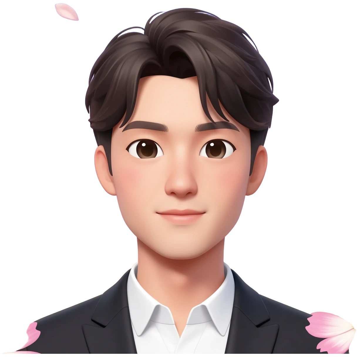 Gorgeous romantic anime style Asian formal modern gentlemanly guy with pretty hair and flower petals and blushing face aesthetic trending style outside with colorful gradient colors  pastelcore cottagecore kawaiicore emoji
