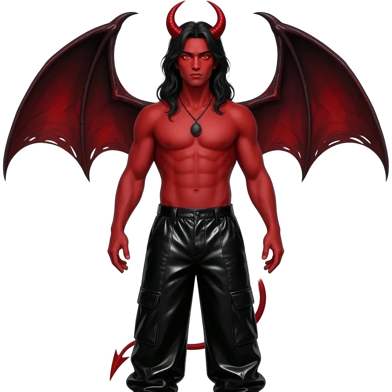 Satan from Christian Mythology with red skin, red eyes, long black hair, black vinyl baggy pants, shirtless with black necklace emoji