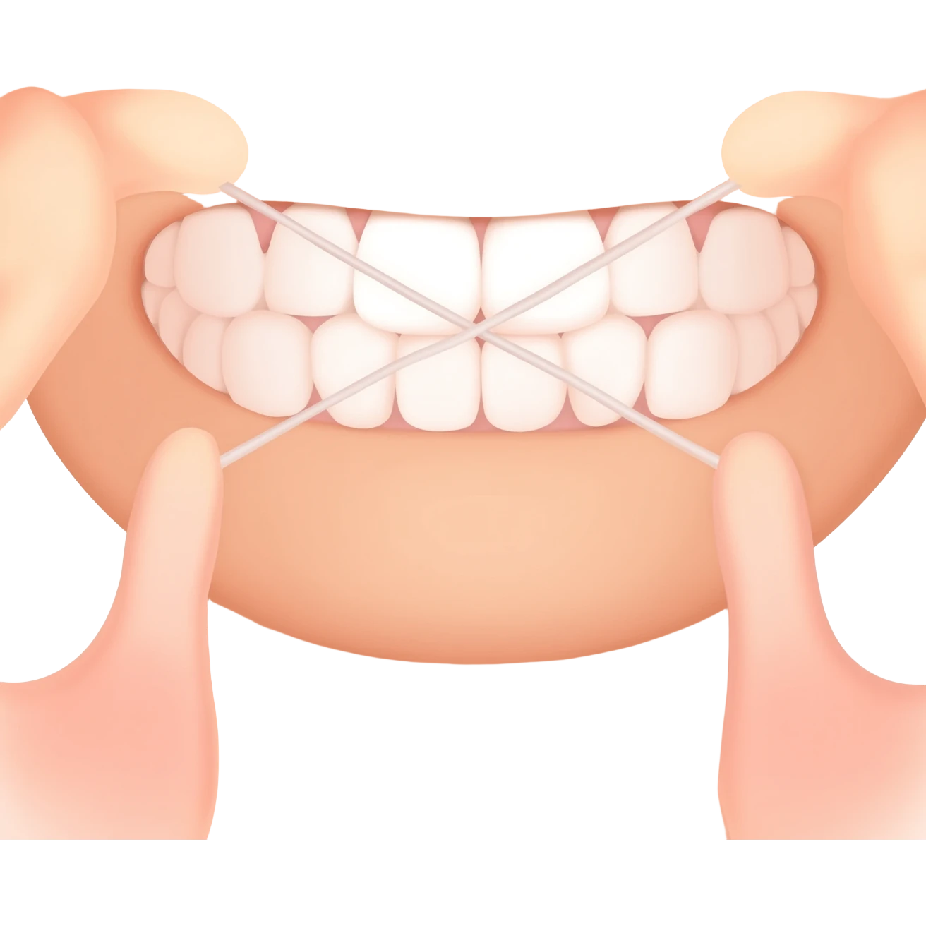 Macro close-up of a front teeth, floss stretched between hands, bright white teeth, natural lighting, shallow depth of field, dental hygiene concept, ultra realistic, sharp focus. emoji