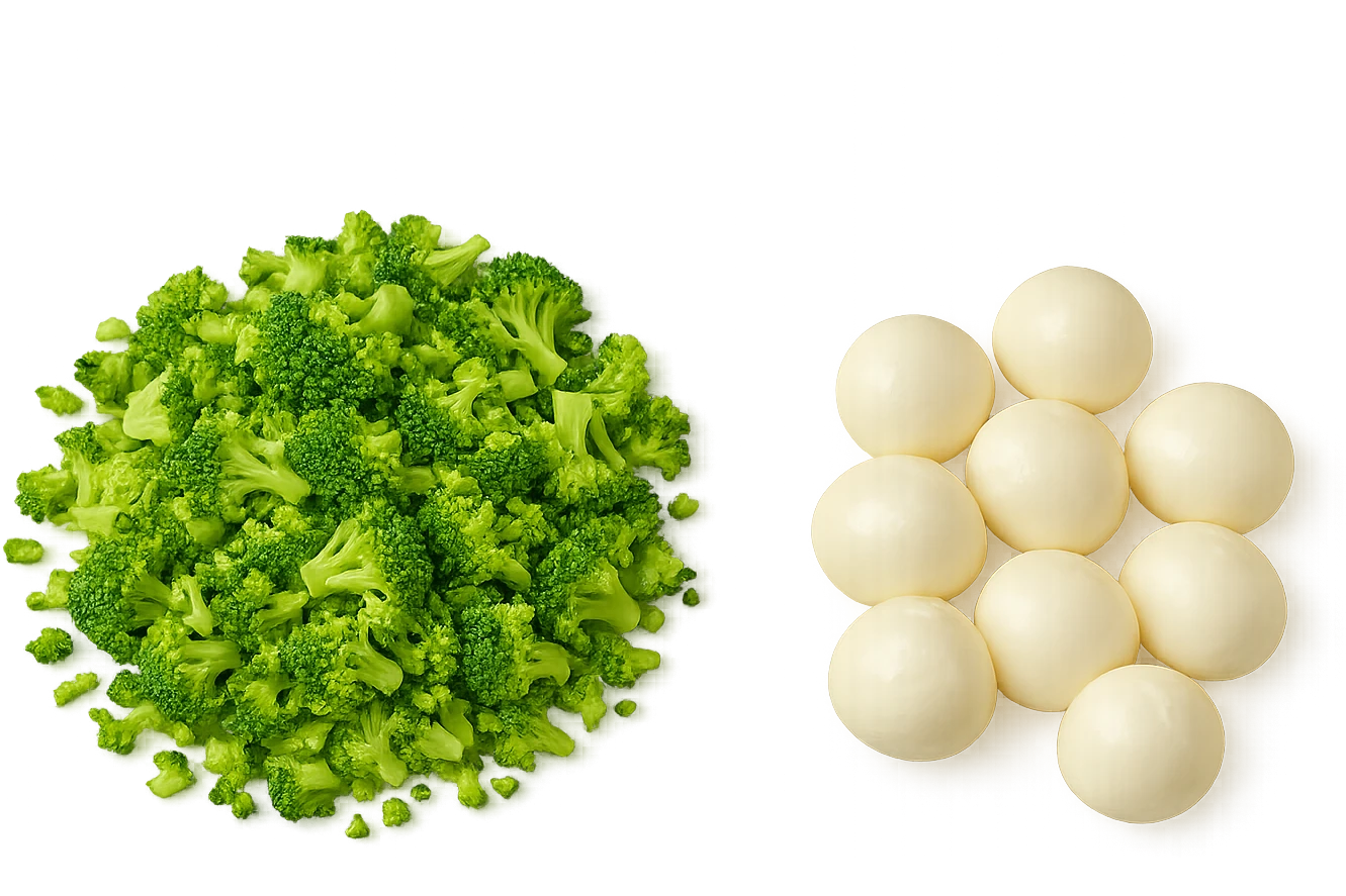 broccoletti sminuzzati accanto a mozzarelle emoji