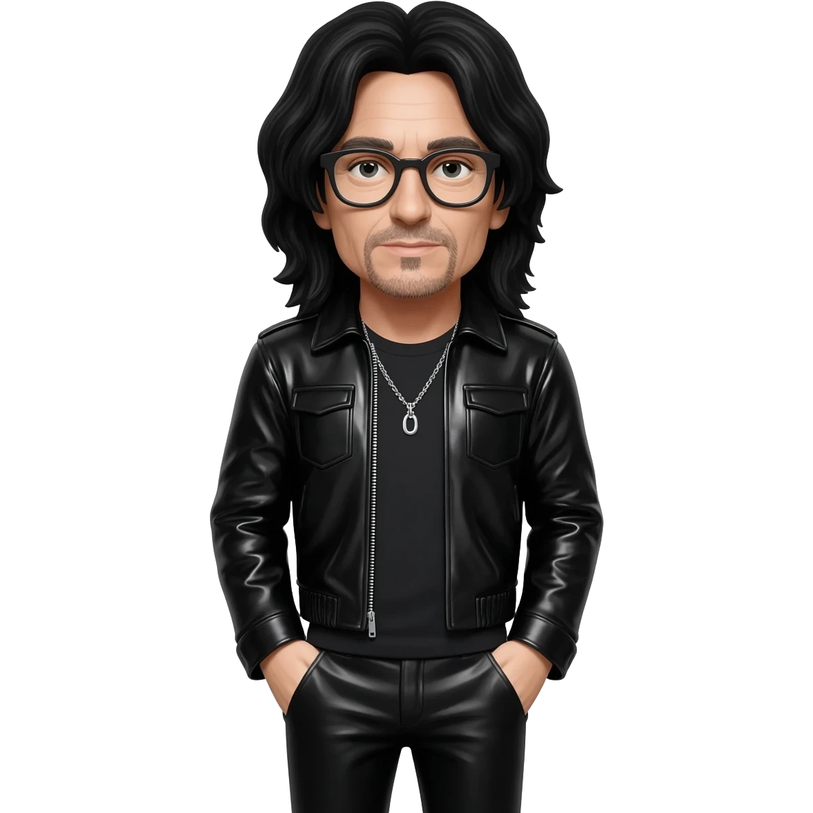 Bono with long black hair, black shirt, black vinyl jacket, black vinyl baggy pants, sliver necklace, black glasses emoji