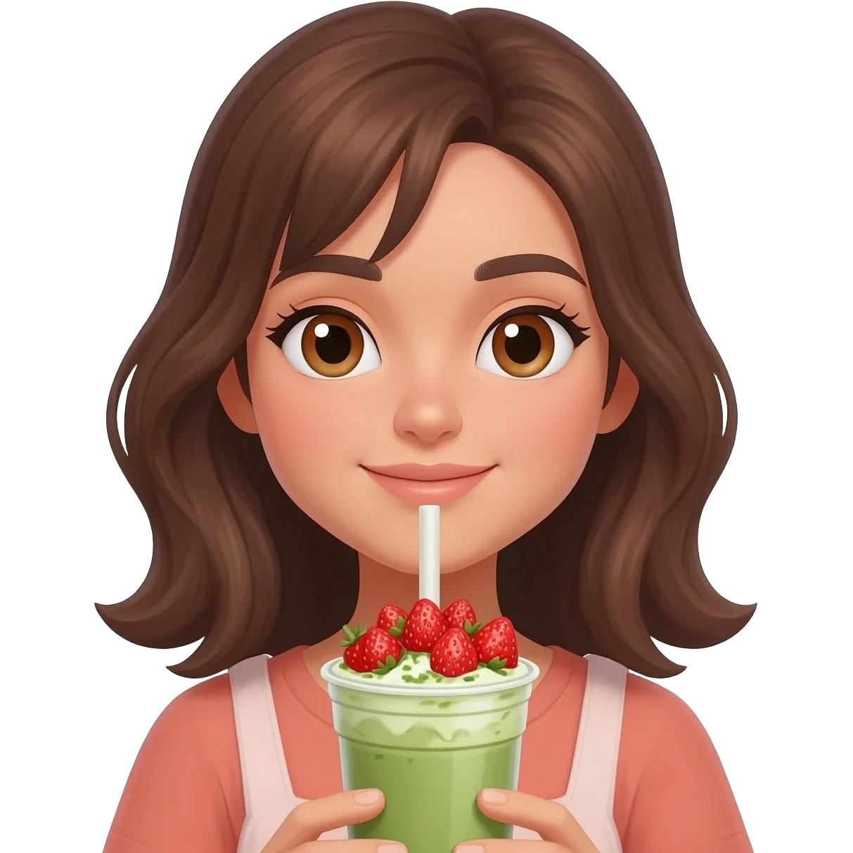 Brown hair girl white hazel eyes slight tan holding strawberry matcha emoji