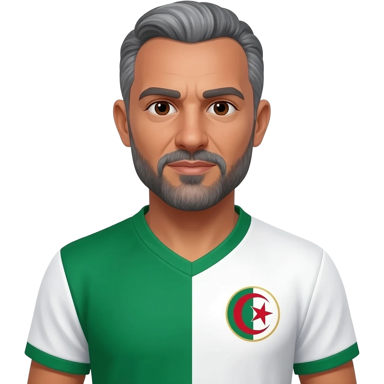 homme métisse algérien peau claire yeux marrons 60 ans cheveux gris avec barbe avec maillot blanc et vert foot Algérie emoji