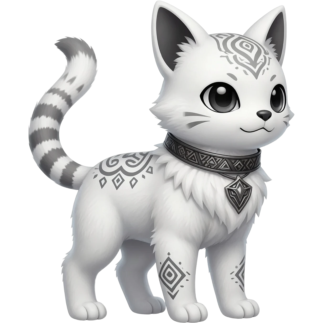 Rare epic white exotic cute epic aesthetic gothic colorful Salandit-Eevee-Civet-species-Fakemon-hybrid-creature, with a collar, and with intricate tribal markings, full body emoji