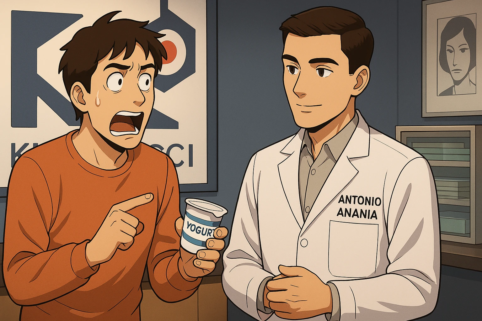 fai un webtoon manga a colori con questo stile, in cui un uomo chiede al kinesiologo con il camice bianco (fagli anche la scritta "ANTONIO ANANIA" SUL CAMICE, una domanda e il kinesiologo gli risponde, L'UOMO INDICA LO YOGURT CHE HA IN MANO ED è MOLTO ALLARMATO NEL FARE LA DOMANDA. non fare i fumetti però, fai solo in modo che sembri stiano parlando emoji