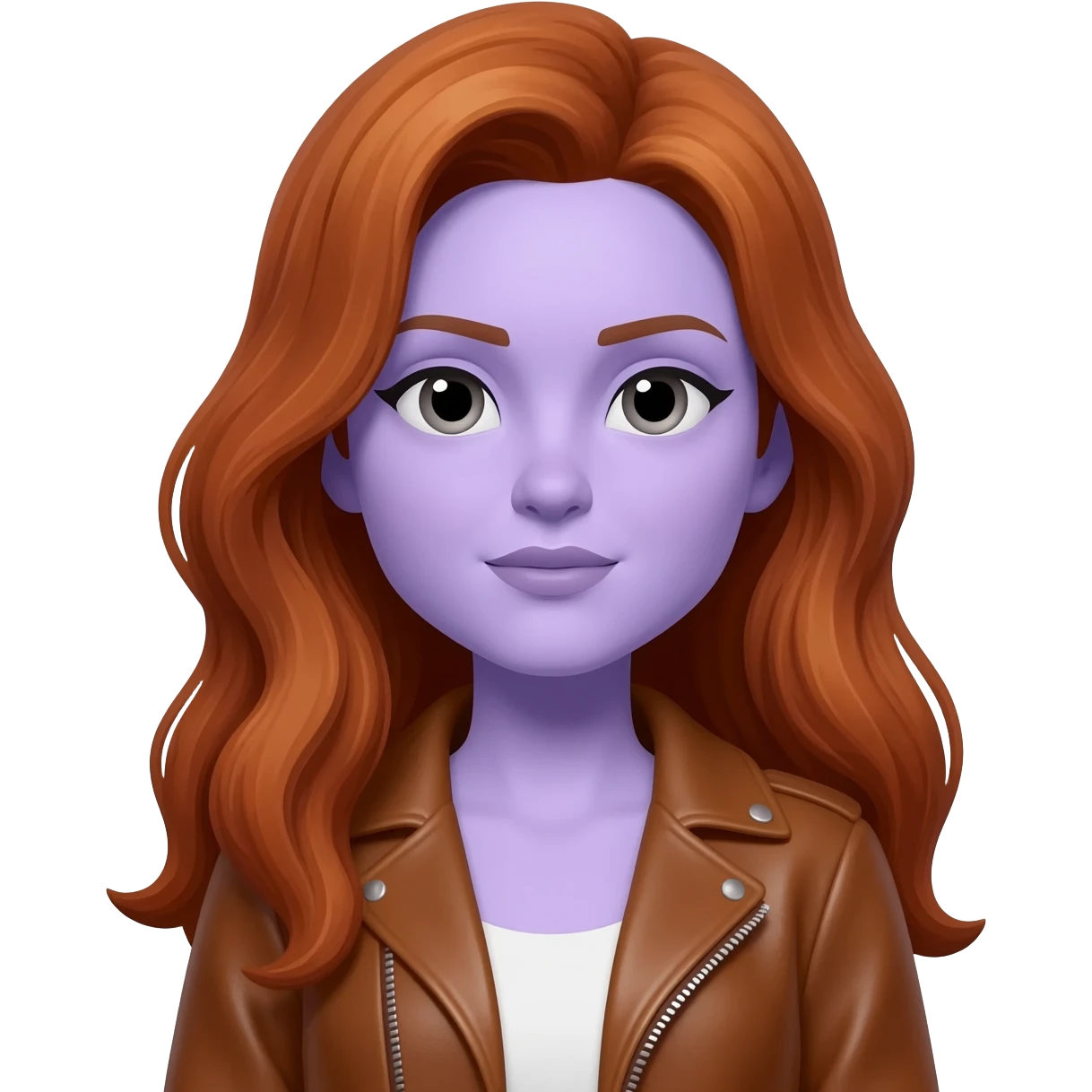 woman with long auburn hair and pale lavender skin, wearing brown leather jacket emoji