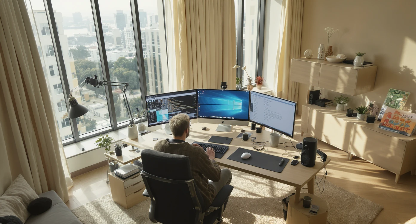 Cinematic shot of a creative director work on tripple display setup PC, top dutch angle, Warm bright vibe, modern clean expensive huge room minimalistic apartament, model is dress like designer, morning, big window, captured on arri alexa emoji
