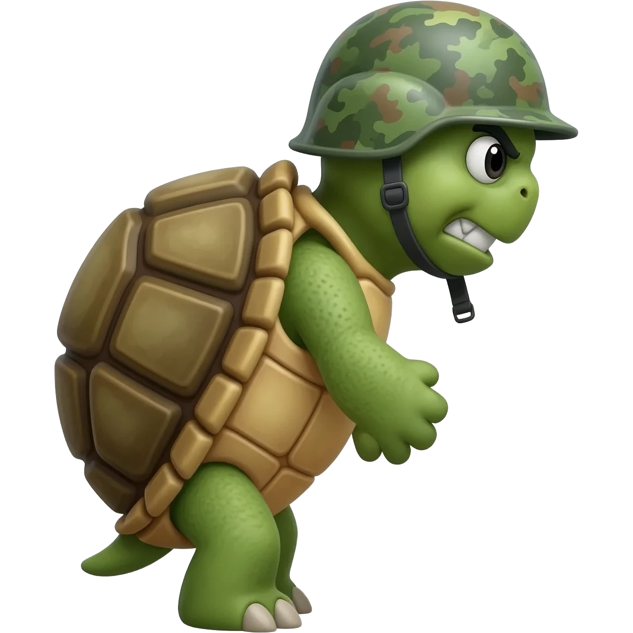 google/android style 2d flat side view turtle emoji, with army combat helmet and war face emoji