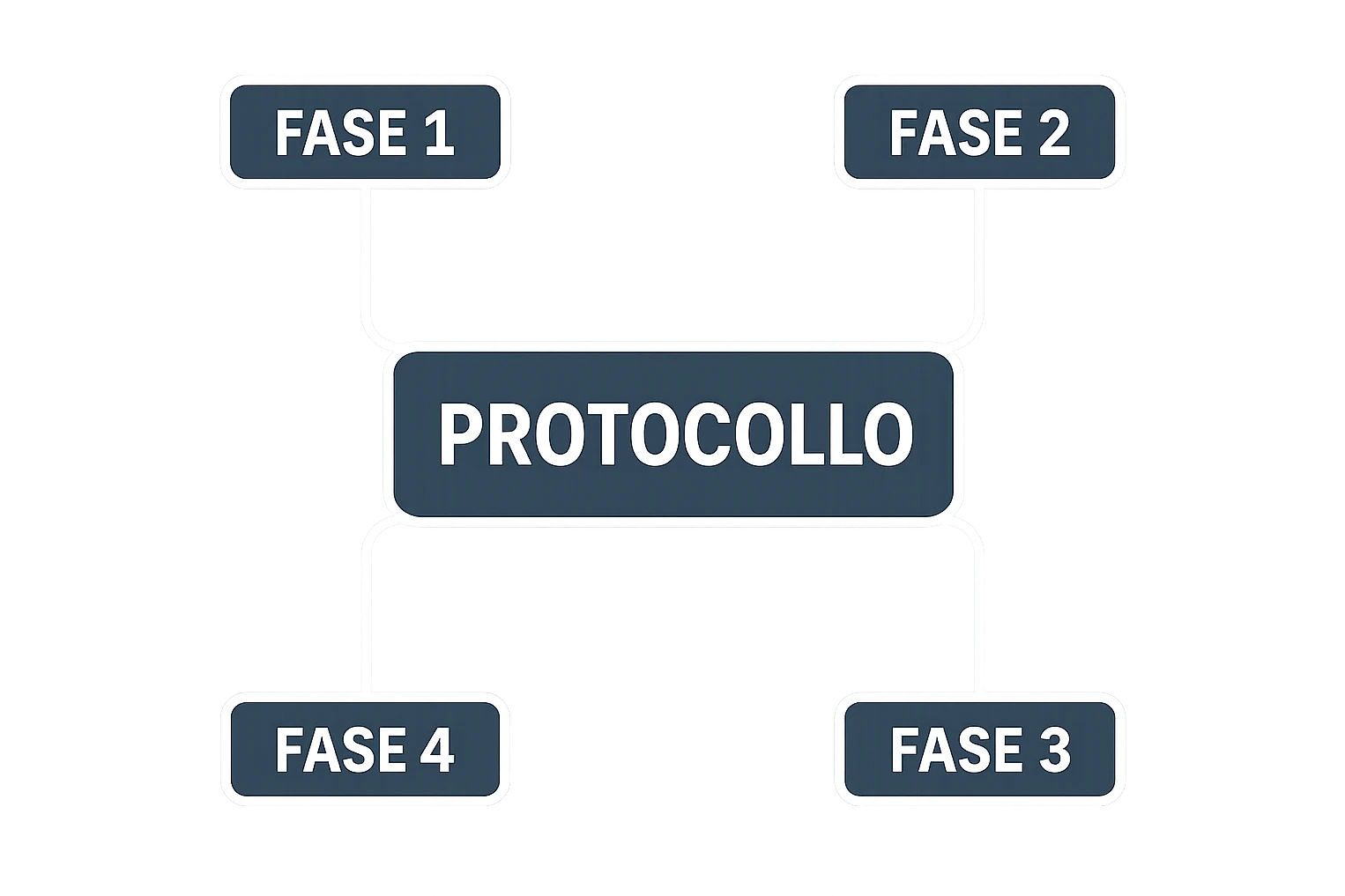 fai uno schemino scritto in bianco con la scritta al centro "PROTOCOLLO" E INTORNO METTI DELLE LINEE DI COLLEGAMENTO CON "FASE 1" "FASE 2" "FASE 3" "FASE 4", DEVE FAR CAPIRE CHE IL PROTOCOLLO SI SUDDIVIDE IN 3 FASI emoji