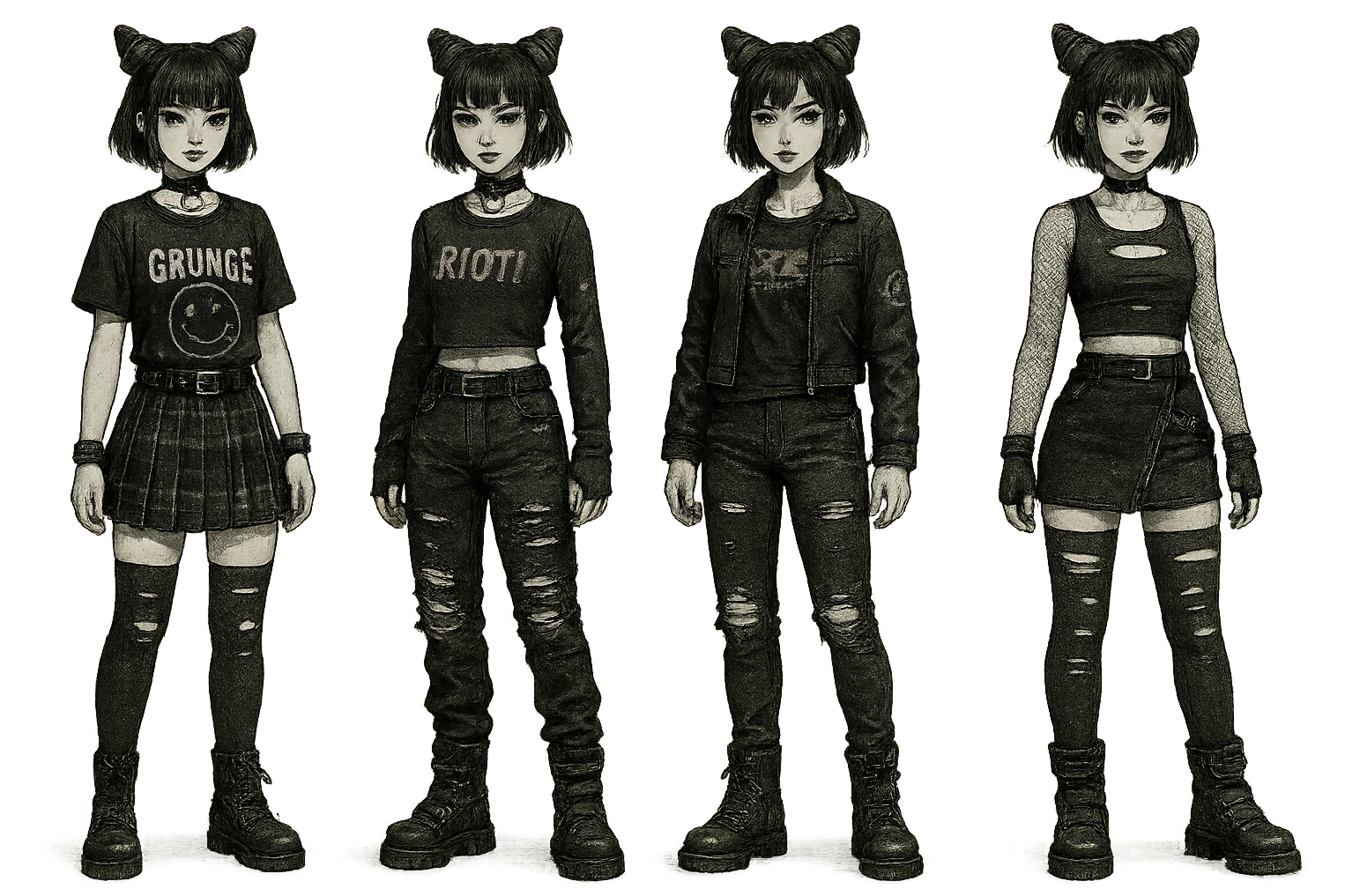 outfit designs for a VTUBER OC. The style is mixed 90's grunge, punk, lots of black and white in the color scheme, futuristic aesthetic. Clothing has small rips and tears from wear, logos and designs are faded. Garage, Shoegaze, postmodern style. character design concept art outfits for a female emoji