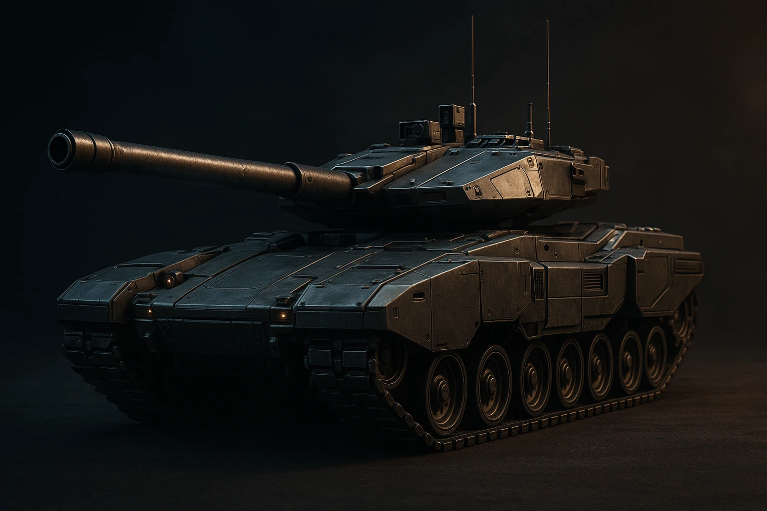 futuristic military tank 2025, 3D render, metallic textures, dramatic lighting emoji