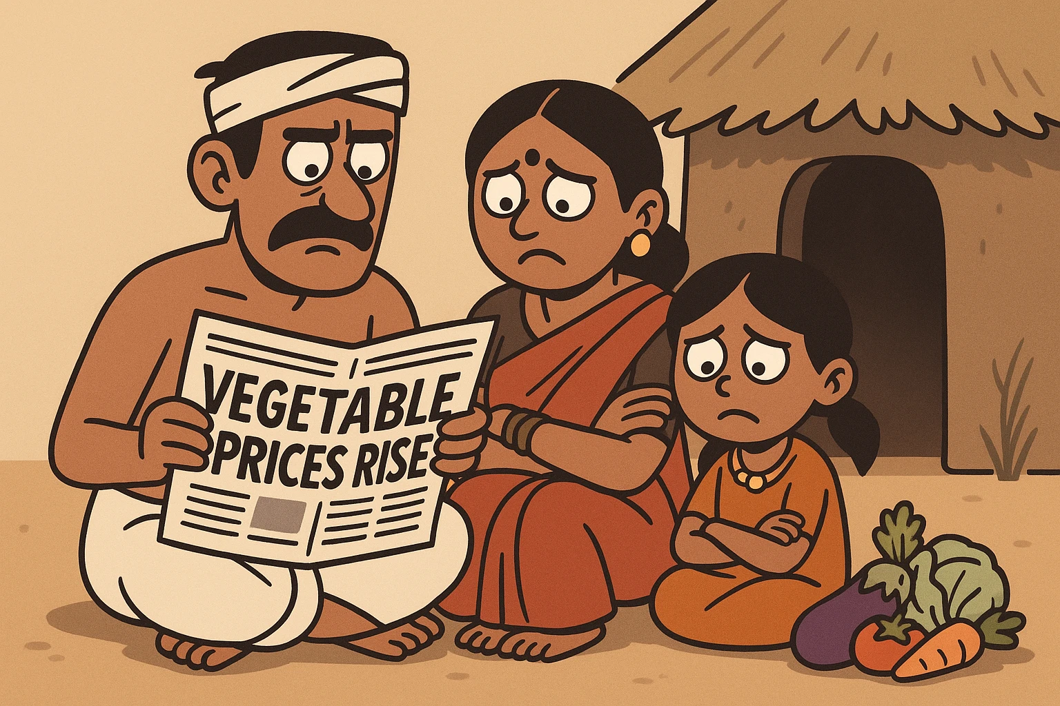 cartoon-style image of a tribal Indian family sitting outside their hut, looking at a newspaper headline about rising vegetable prices, worried expressions, small pile of vegetables emoji