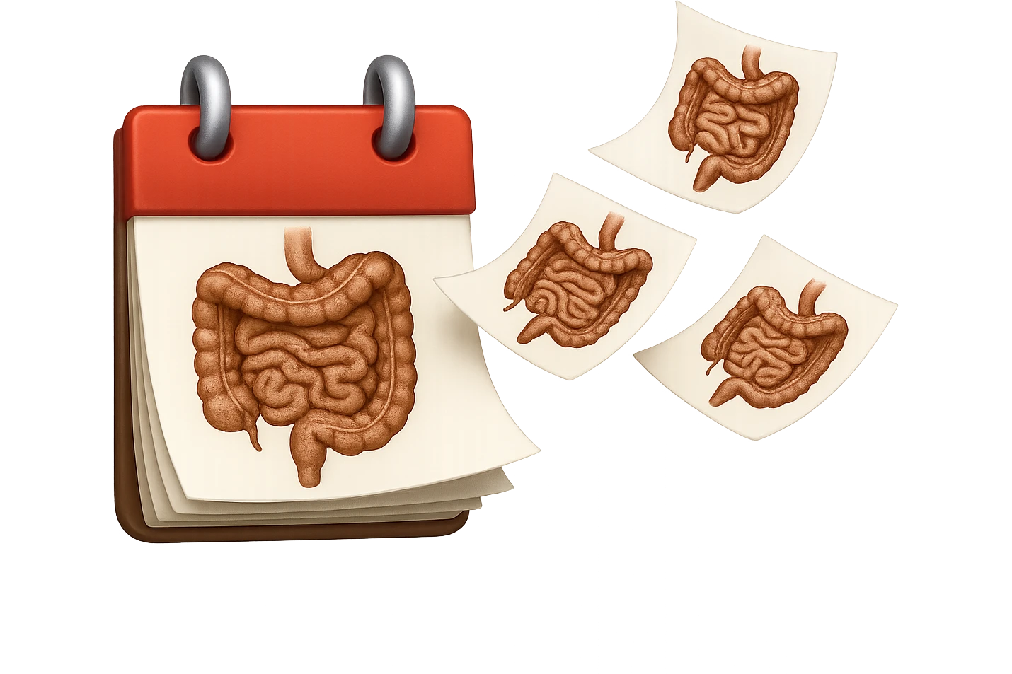 emoji stile iphone di un calendario con fogli che volano insieme, sui fogli ci sono disegnati degli intestini anatomici, iperrealistico 4k, isolato su sfondo bianco emoji