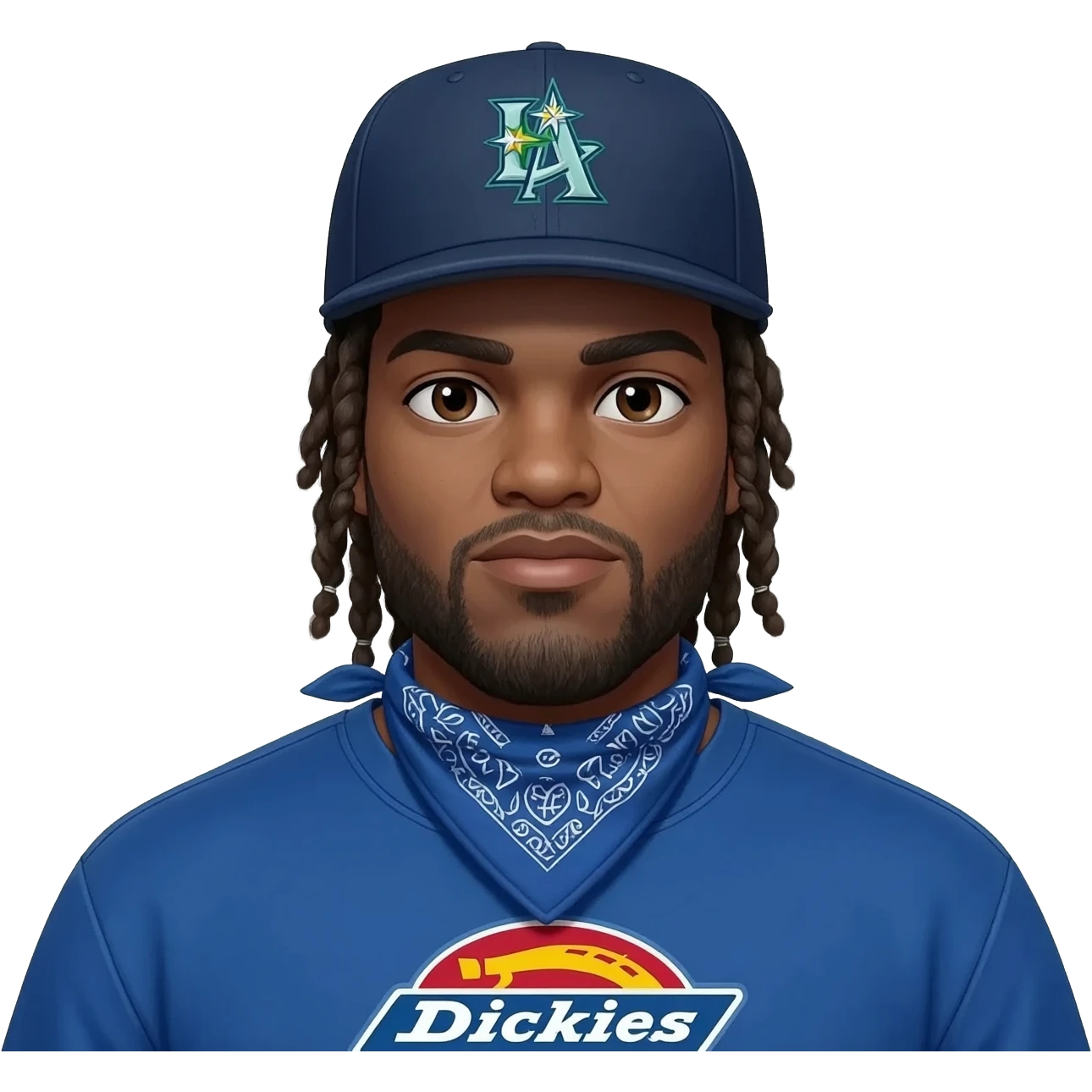 Fat Crip wit braids a Seattle Mariners hat blue bandana around neck wit blue dickies and blue converse emoji