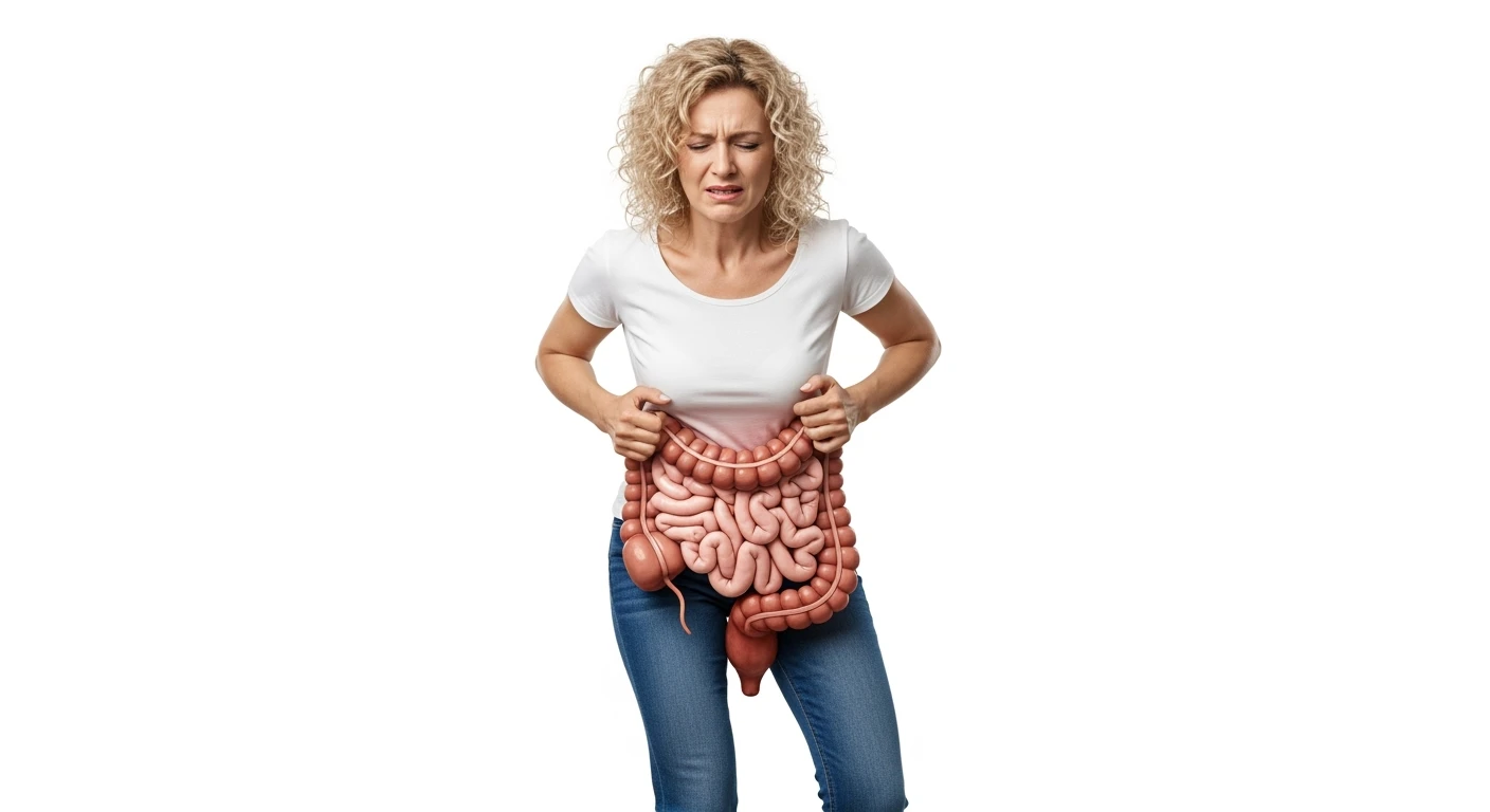 donna a figura intera con intestino umano realistico in 3d in evidenza dolorante, espressione di dolore in volto, sfondo bianco, non farla computerizzata, ma iperrealistica 4k, sfondo bianco emoji