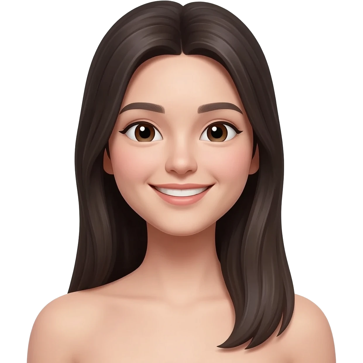 young woman, slim face and thin body, long straight dark hair, front view, happy expression, realistic portrait, white background emoji
