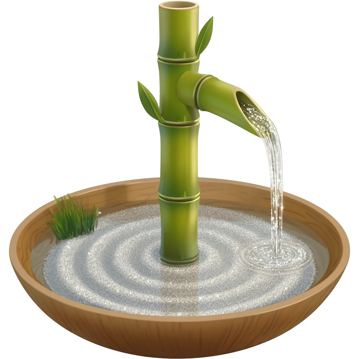 Shiny sparkly glittery beautiful elegant pretty precious divine Japanese zen garden vintage old bamboo fountain with a beautiful wooden bowl underneath aesthetic scenery  emoji