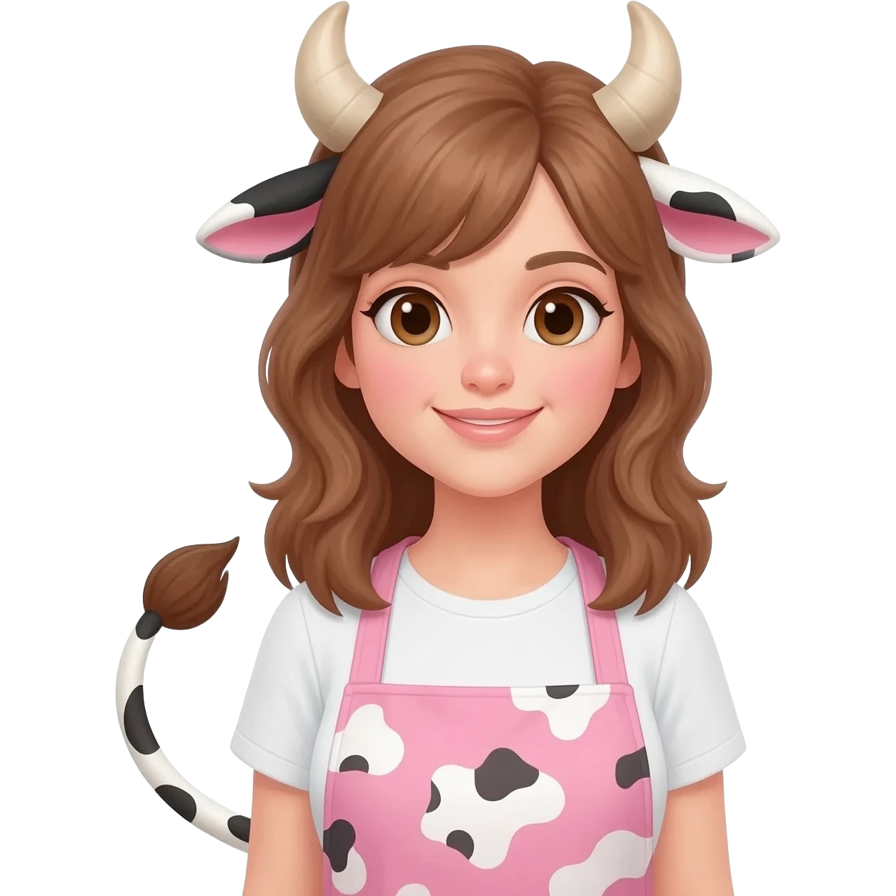 Pretty woman with cow horns and cow milk ears and cow tail in cute apron with pink cow prints emoji