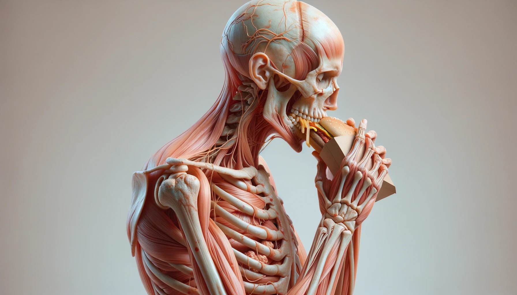 CORPO UMANO ANATOMICO CHE MANGIA FAST FOOD E STA MALE, SFONDO NEUTRO CHIARO, IPERREALISTICO 4K emoji
