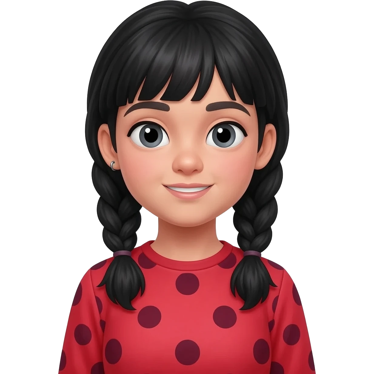 Generate image of cute girl with two black braids and red full sleeve clothes with maroon polka dots on it and piercing on left ear. It is saying wow emoji