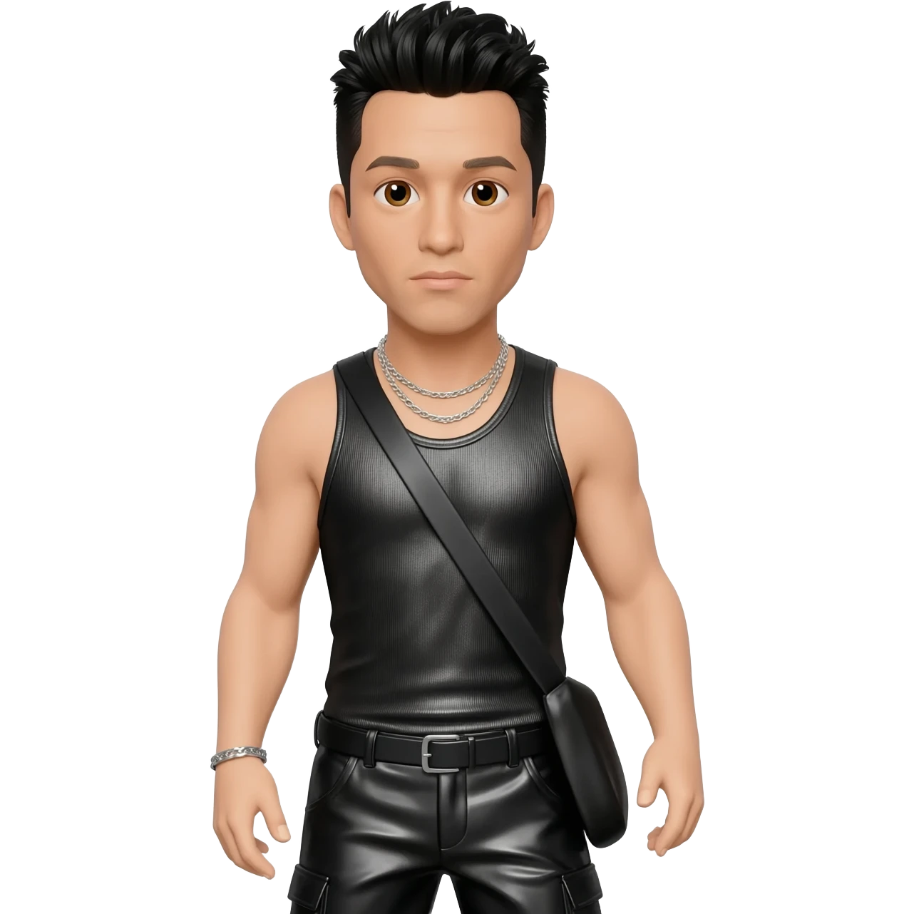 Danny Wood from NKOTB with brown eyes, black hair, black metallic tank top, black metallic baggy pants, silver necklace emoji