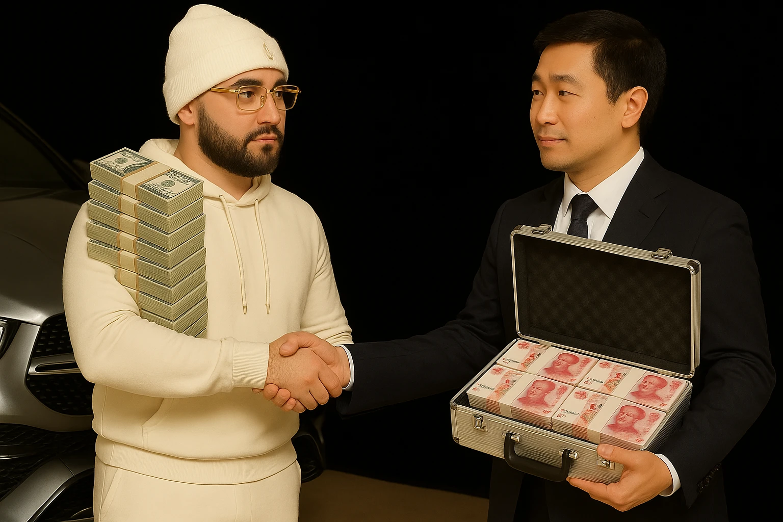 Edit the image of the Asian man holding money by replacing the money with a briefcase full of money that clearly indicates it is from China. Change the glasses on the man in the white hoodie to Cartier glasses. Keep the car in the background unchanged. Maintain the main person's white skin tone, black goatee and facial hair, and white hoodie as in the original image. emoji