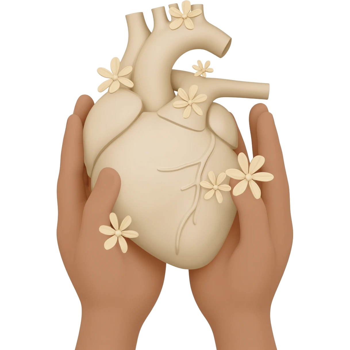 hands are holding light beige human heart with beige flowers emoji