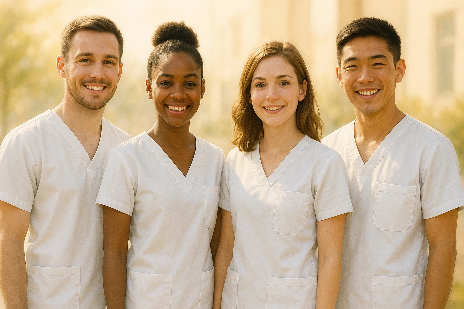 realistic illustration of four nursing students standing side by side without touching, warm atmosphere, wearing short-sleeved white uniforms, no undershirts, no stethoscopes, soft and bright background emoji