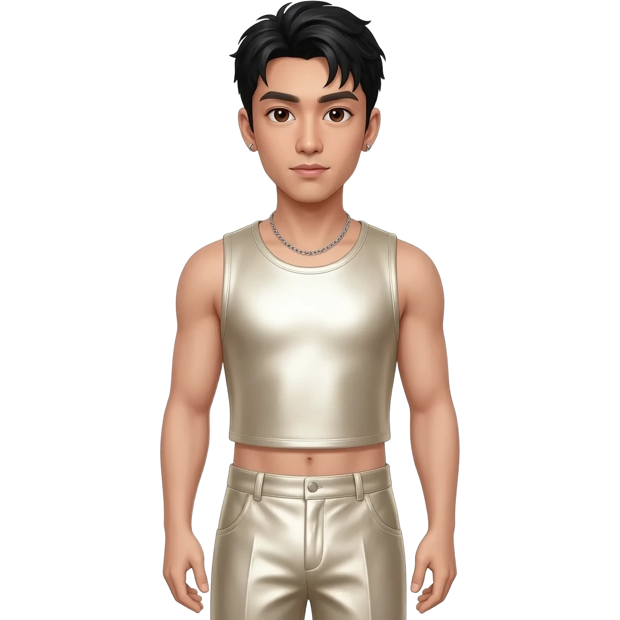 Usher with dark brown eyes, black hair, ivory metallic sleeveless crop top, ivory metallic wide leg pants, silver necklace and short earrings emoji