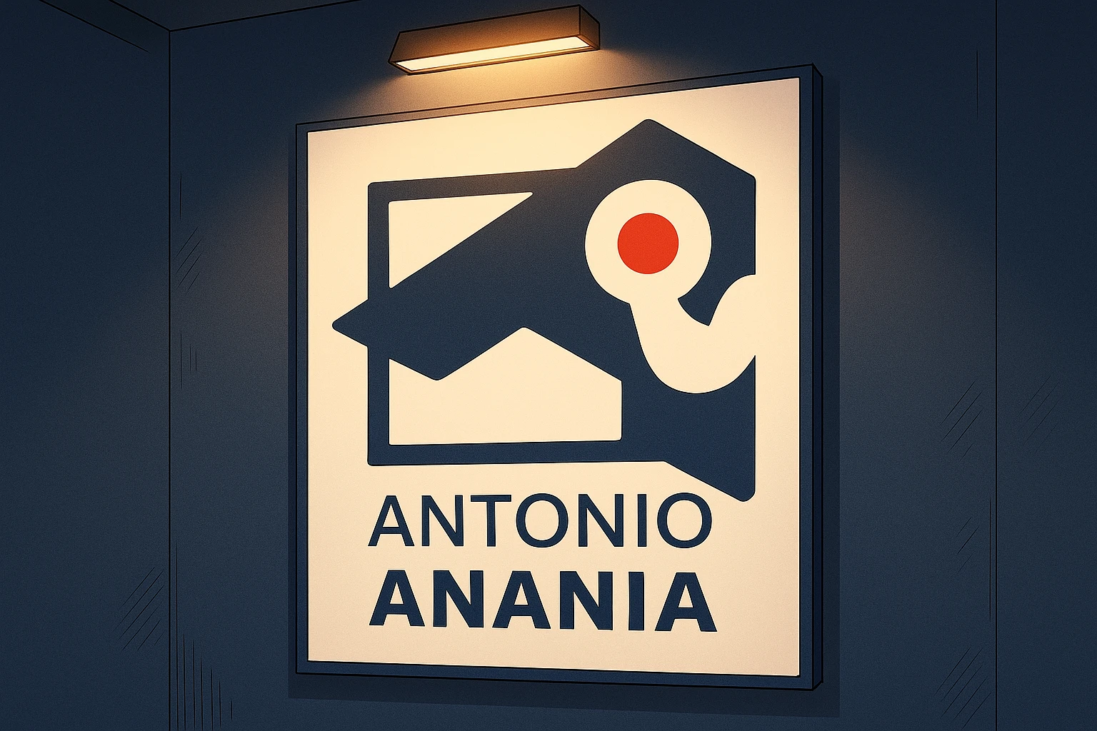 su questo stile fai un manga/webtoon a colori in cui mostri quella parete dietro dello studio con il suo logo e la scritta "ANTONIO ANANIA" SOTTO IL LOGO, LUCE CHE ILLUMINA IL LOGO emoji