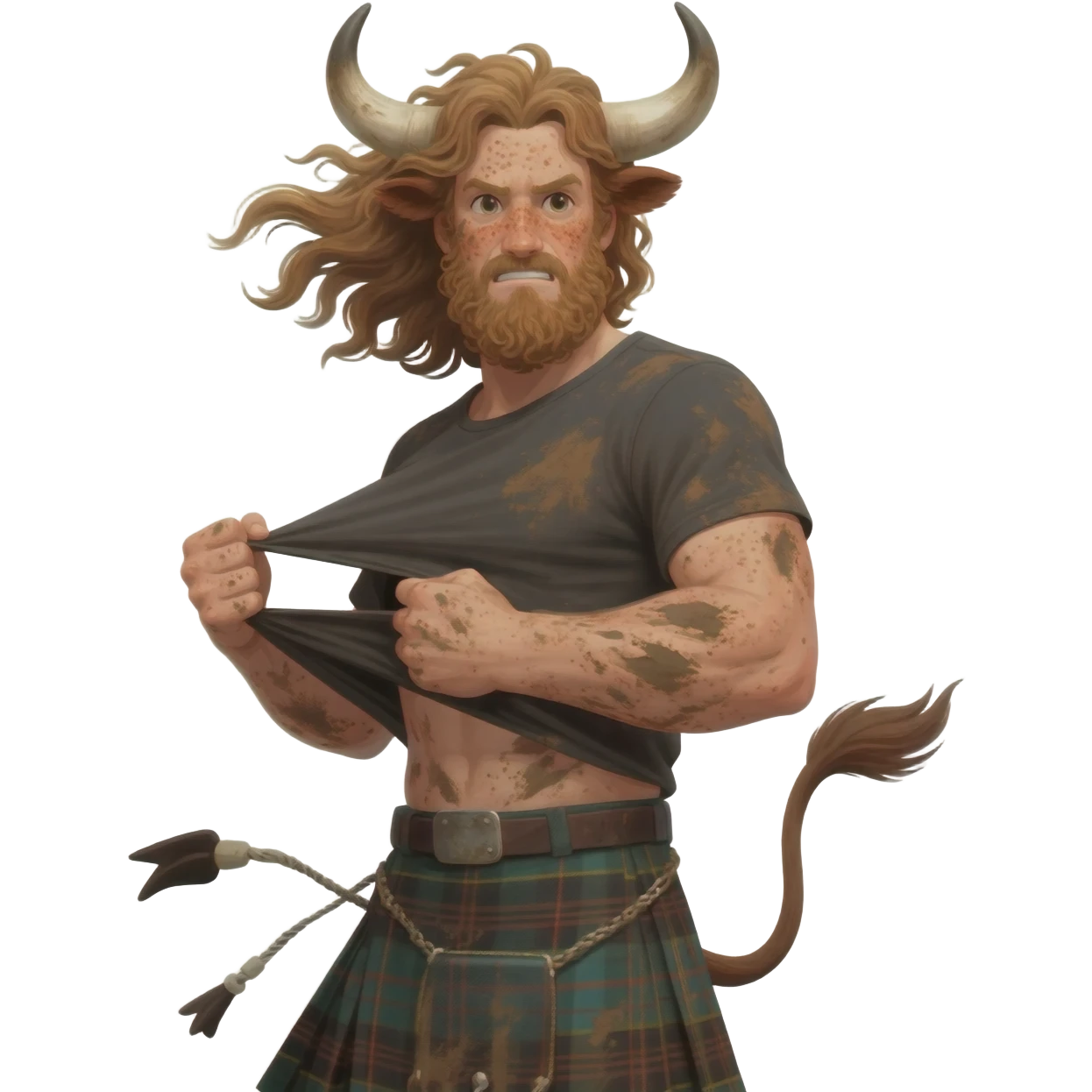 big buff curly hairy man covered in dirt with freckles with messy light brown bangs that covers his face completely with bull horns and bull ears and bull tail dressed in kilt rips his T-shirt apart with wind in his hair emoji